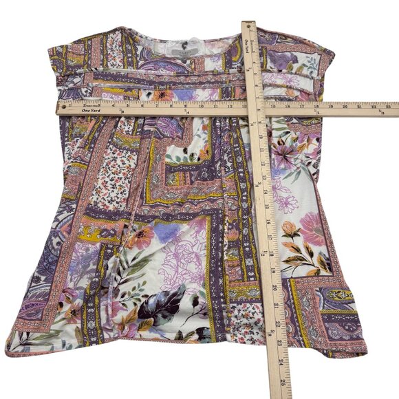 Cupio Women's size Medium Floral Patchwork Print Cap Sleeve Top Blouse Stretch - Picture 4 of 5